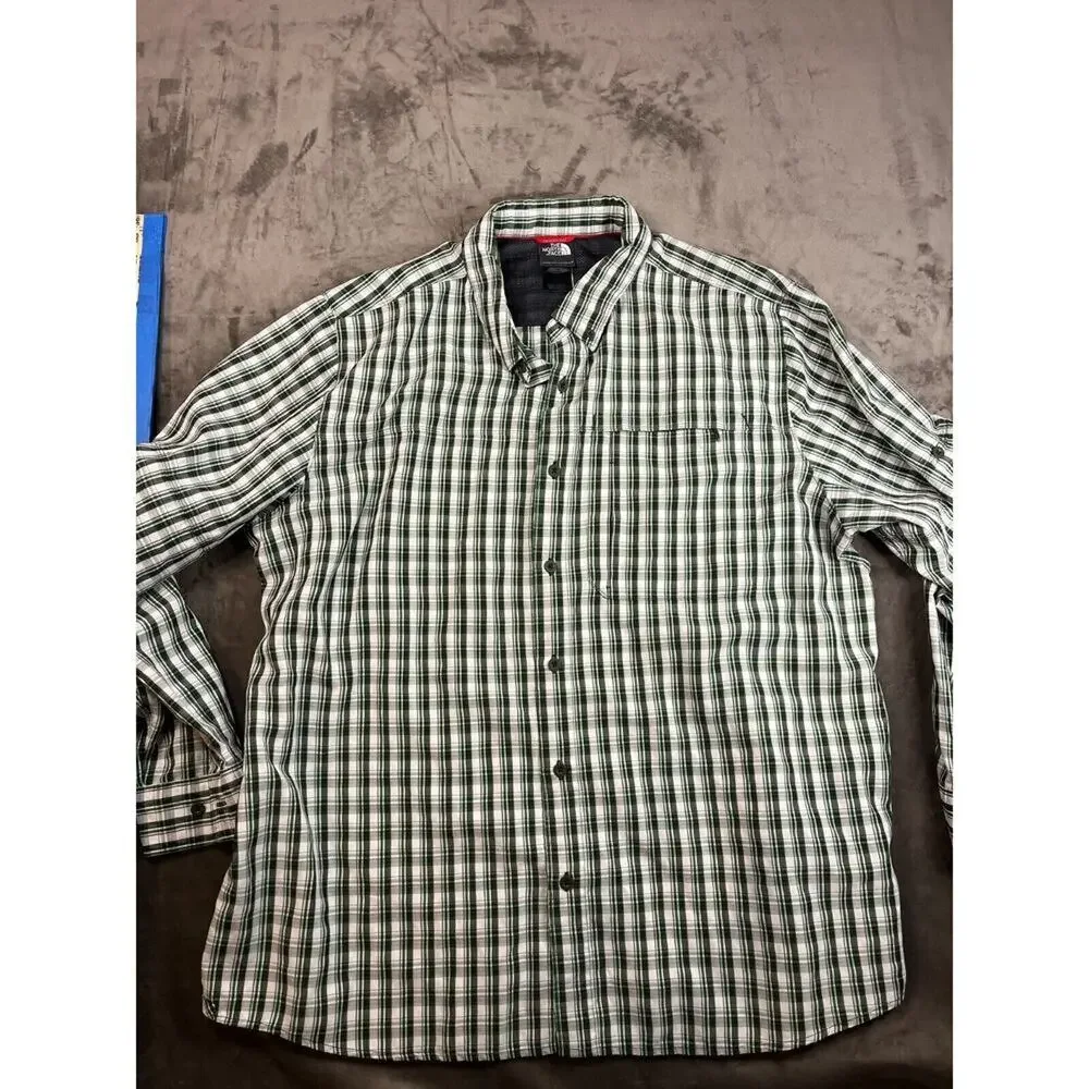 North Face Shirt Mens XXL Green‎ Plaid Cotton Long Sleeve Hiking Adult